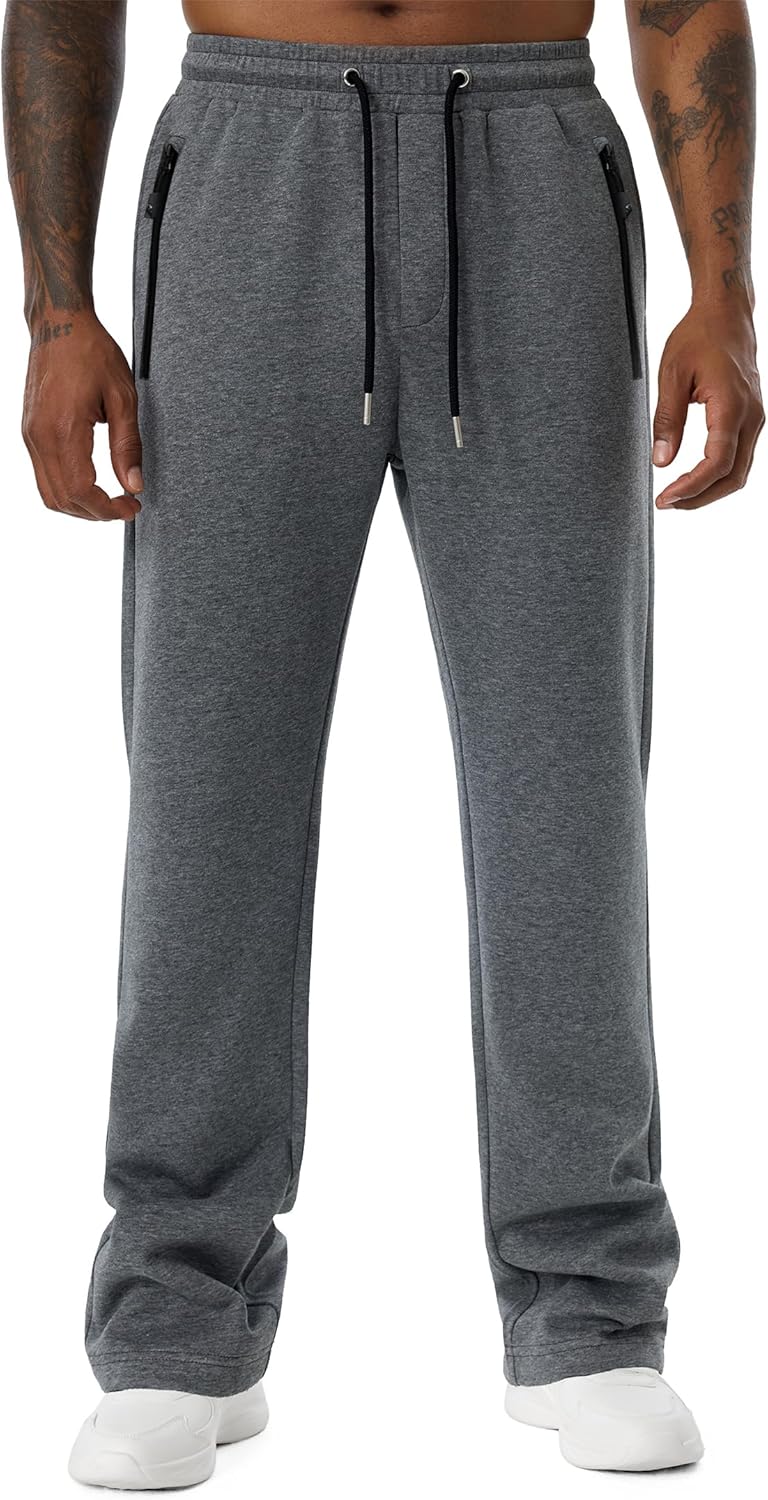 Mens Baggy Wide Leg Sweatpant Jogging Drawstring Knit Casual Zipper Pocket Open Bottom Sports Pants