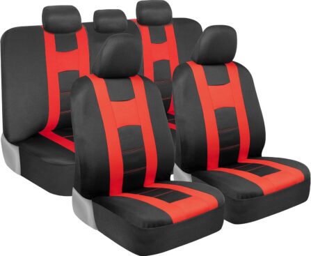 BDK carXS Forza Red Car Seat Covers Full Set, Two-Tone Front Seat Covers with Matching Back Seat Cover for Cars, PolyCloth Protectors with Split Bench Design, Automotive Interior Covers