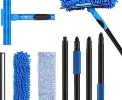 VITEVER Professional 69” Window Squeegee Cleaner Tool with Extension Pole, 2-in-1 Squeegee for Window Cleaning Kit with Scrubber and Rotating Head, 1 Blade 2 Scrubber