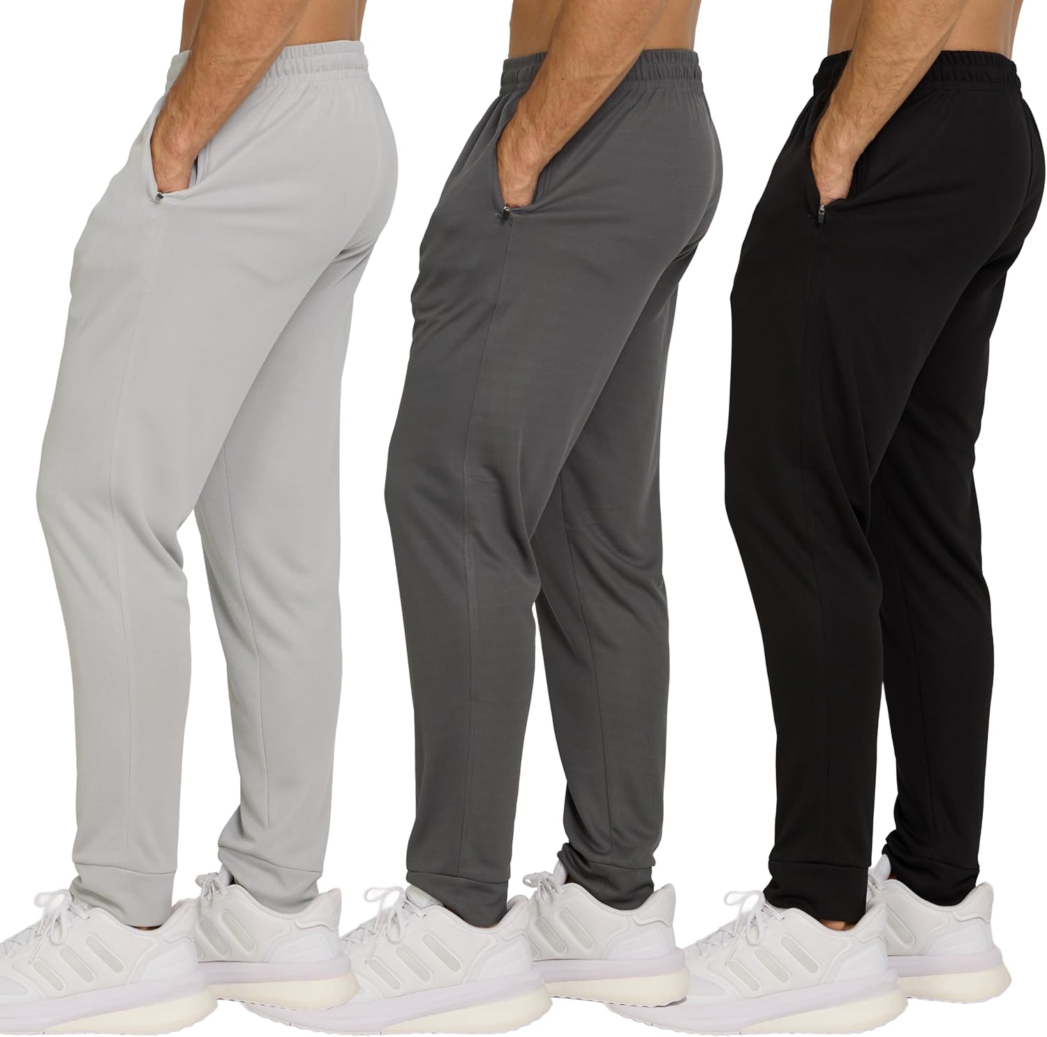 PURE CHAMP Men’s 3 Pack Mesh Joggers with Zipper Pockets, Athletic Pants for Men – Moisture-Wicking Gym Sweatpants Men