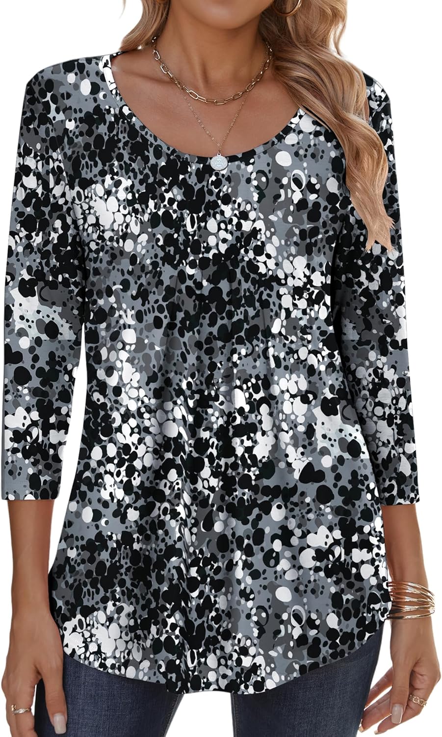 Zeagoo 3/4 Sleeve Tops for Women Crew Neck Blouses Pleated Casual Shirts Fall Work Clothes 2025