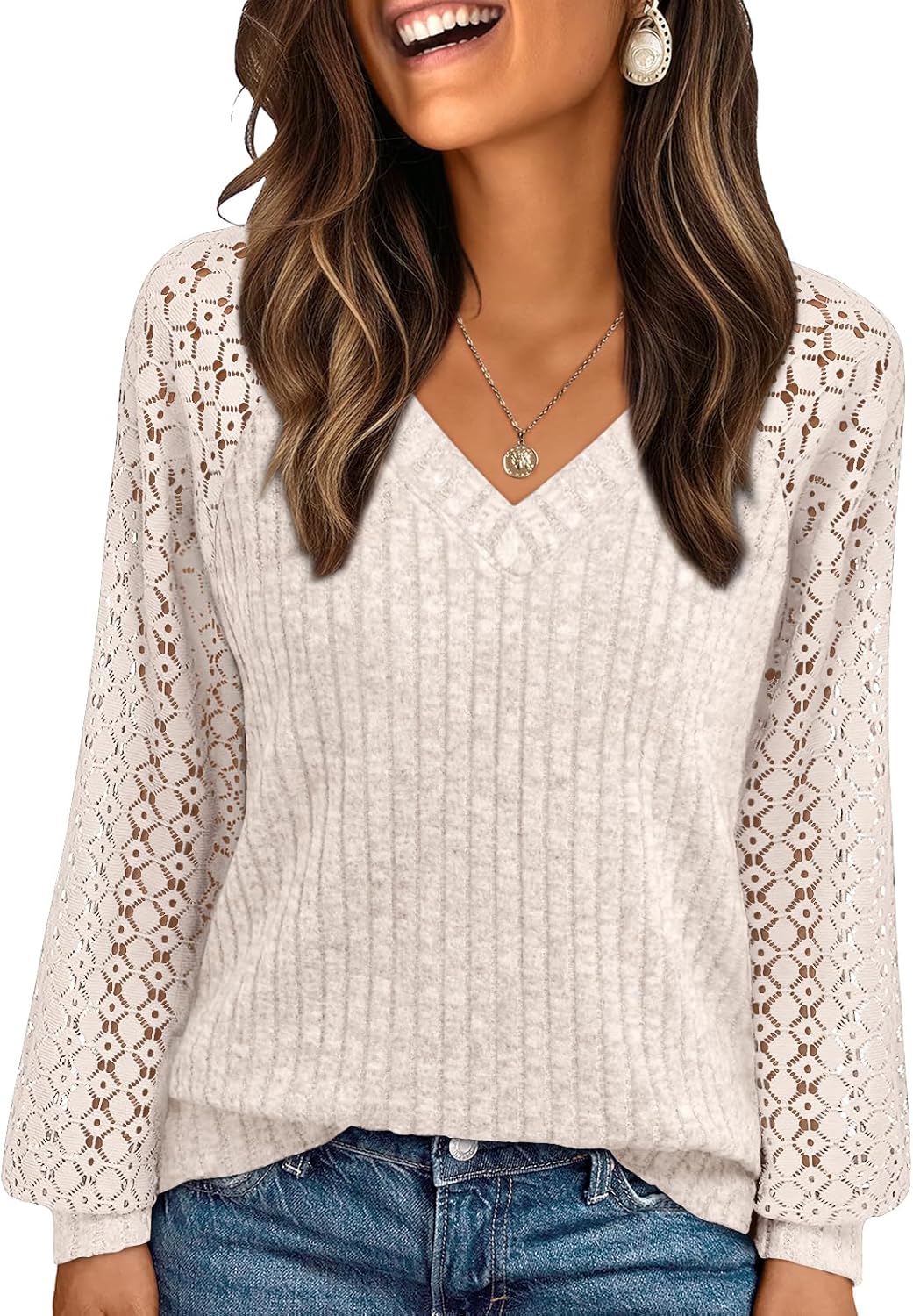 AUTOMET Women Long Sleeve Shirts Fall Lace Tops 2025 Fashion V Neck Winter Sweaters Dressy Casual Tunic Blouse Work Clothing