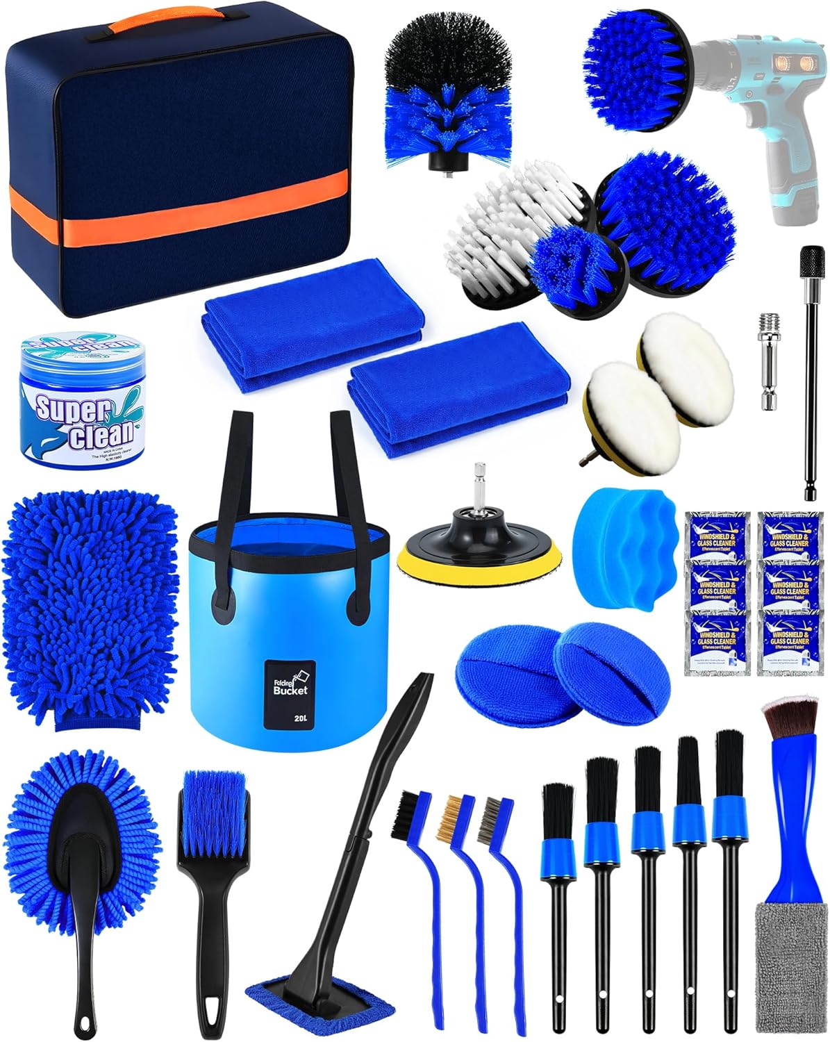 Car Cleaning Kit：40 Pcs Interior Windshield and Window Cleaner Detailing Set；Wheel & Tire Brush；Car Wash Mitt；Cleaning Bucket；Total Care Supplies；Towels；Automotive Tools