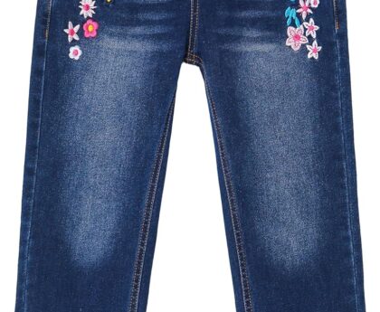KIDSCOOL SPACE Girls Jeans, Ribbed Elastic Waist Embroidered Denim Pants