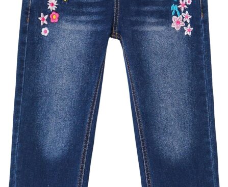 KIDSCOOL SPACE Girls Jeans, Ribbed Elastic Waist Embroidered Denim Pants