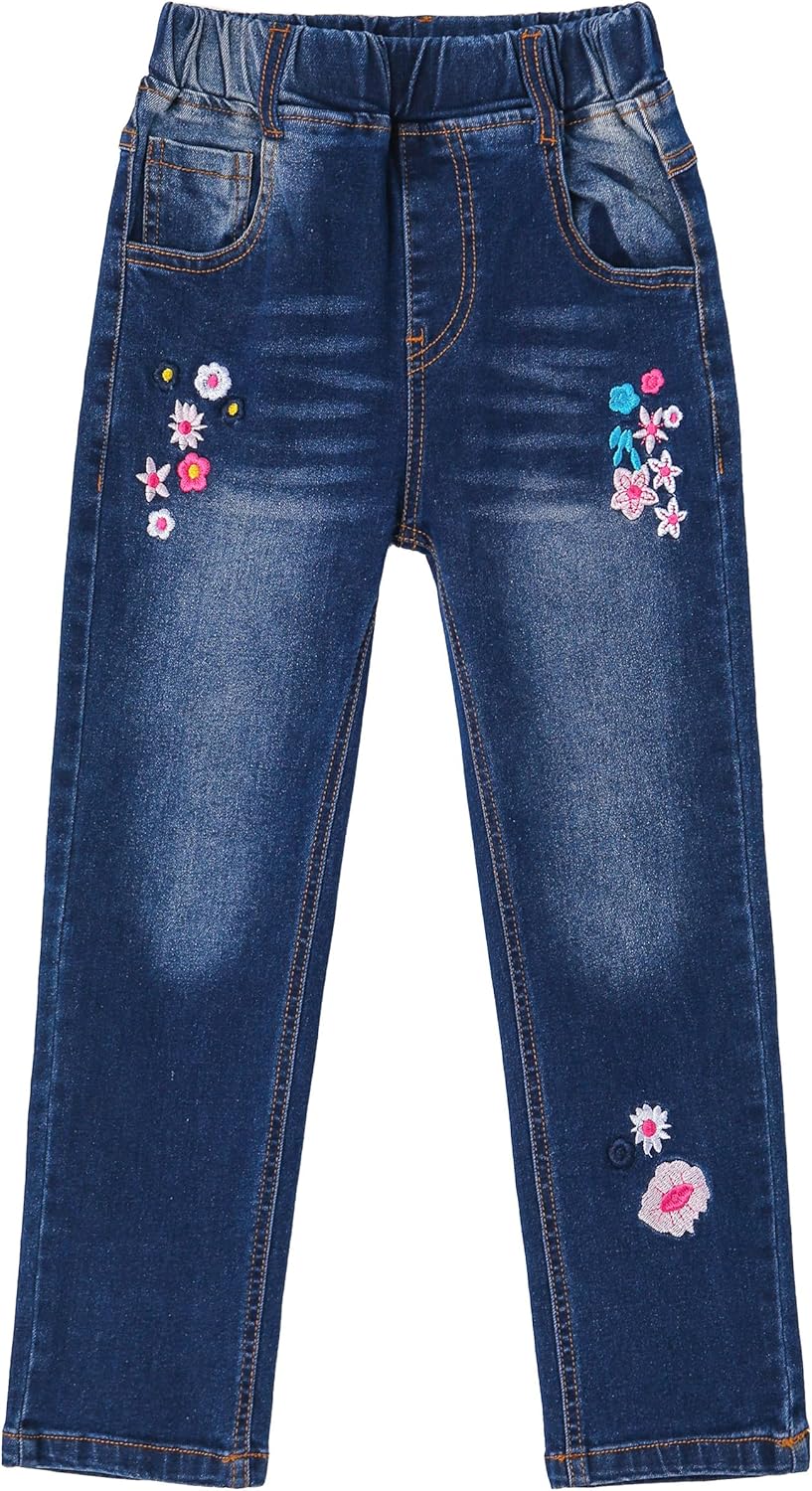 KIDSCOOL SPACE Girls Jeans, Ribbed Elastic Waist Embroidered Denim Pants