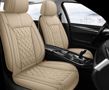 Pariitadin Leather Car Seat Covers Front Pair, Waterproof Breathable Faux Leather Automotive Seat Covers for Cars, Non-Slip Car Interior Covers Universal Fit Most Cars Sedans Trucks SUVs, Beige
