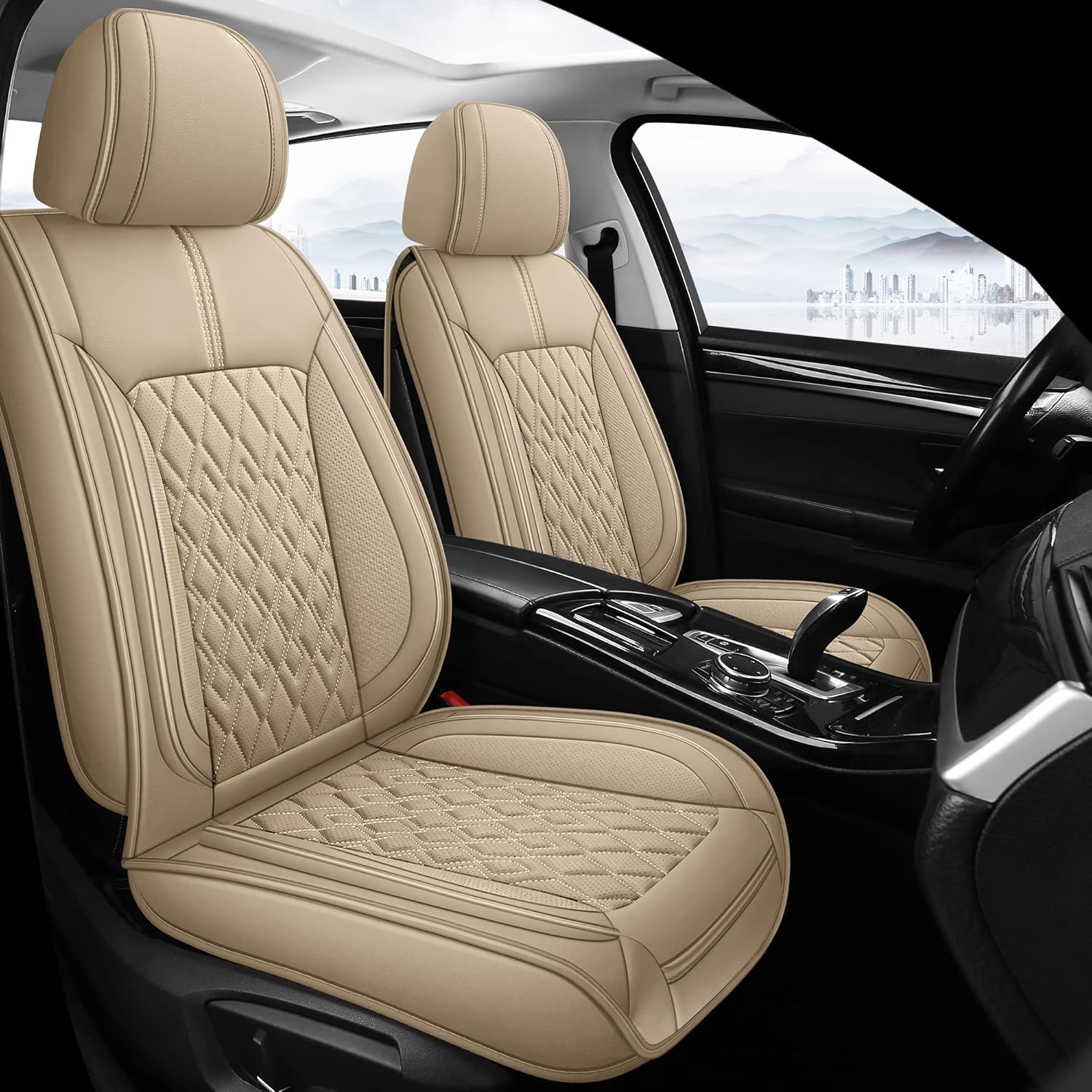 Pariitadin Leather Car Seat Covers Front Pair, Waterproof Breathable Faux Leather Automotive Seat Covers for Cars, Non-Slip Car Interior Covers Universal Fit Most Cars Sedans Trucks SUVs, Beige