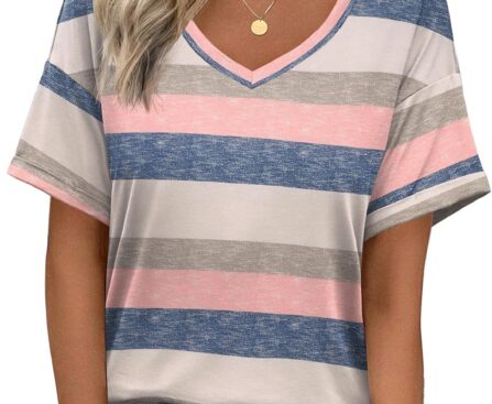 Zeagoo Womens Summer Tops Short Sleeve Casual Shirts Floral Tee Trendy 2025 Basics V Neck Plain Tshirt