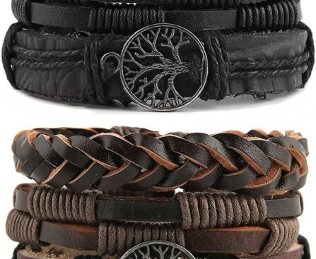 HZMAN Genuine Leather Tree of life Bracelets Men Women, Tiger Eye Natural Stone Lava Rock Beads Ethnic Tribal Elastic Bracelets Wristbands