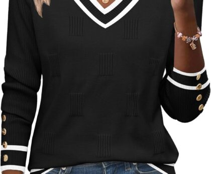 Zeagoo Womens V Neck Sweaters Shirts Long Sleeve Lightweight Ribbed Knit Pullover Sweater Blouse Tops with Buttons Oufits