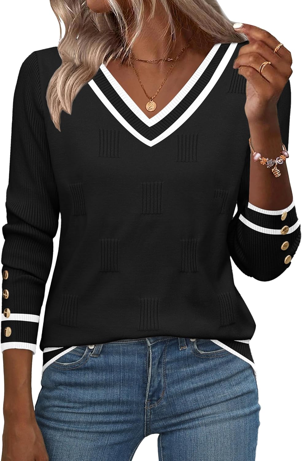 Zeagoo Womens V Neck Sweaters Shirts Long Sleeve Lightweight Ribbed Knit Pullover Sweater Blouse Tops with Buttons Oufits