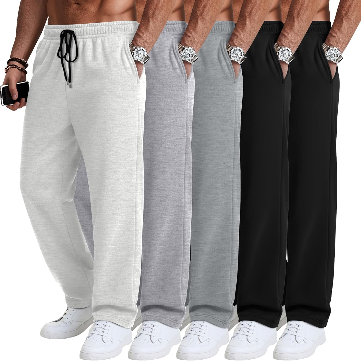 5 Pack Men’s Baggy Sweatpants Straight Leg Open Bottom Joggers Elastic Drawstring with Pocket Athletic Pants