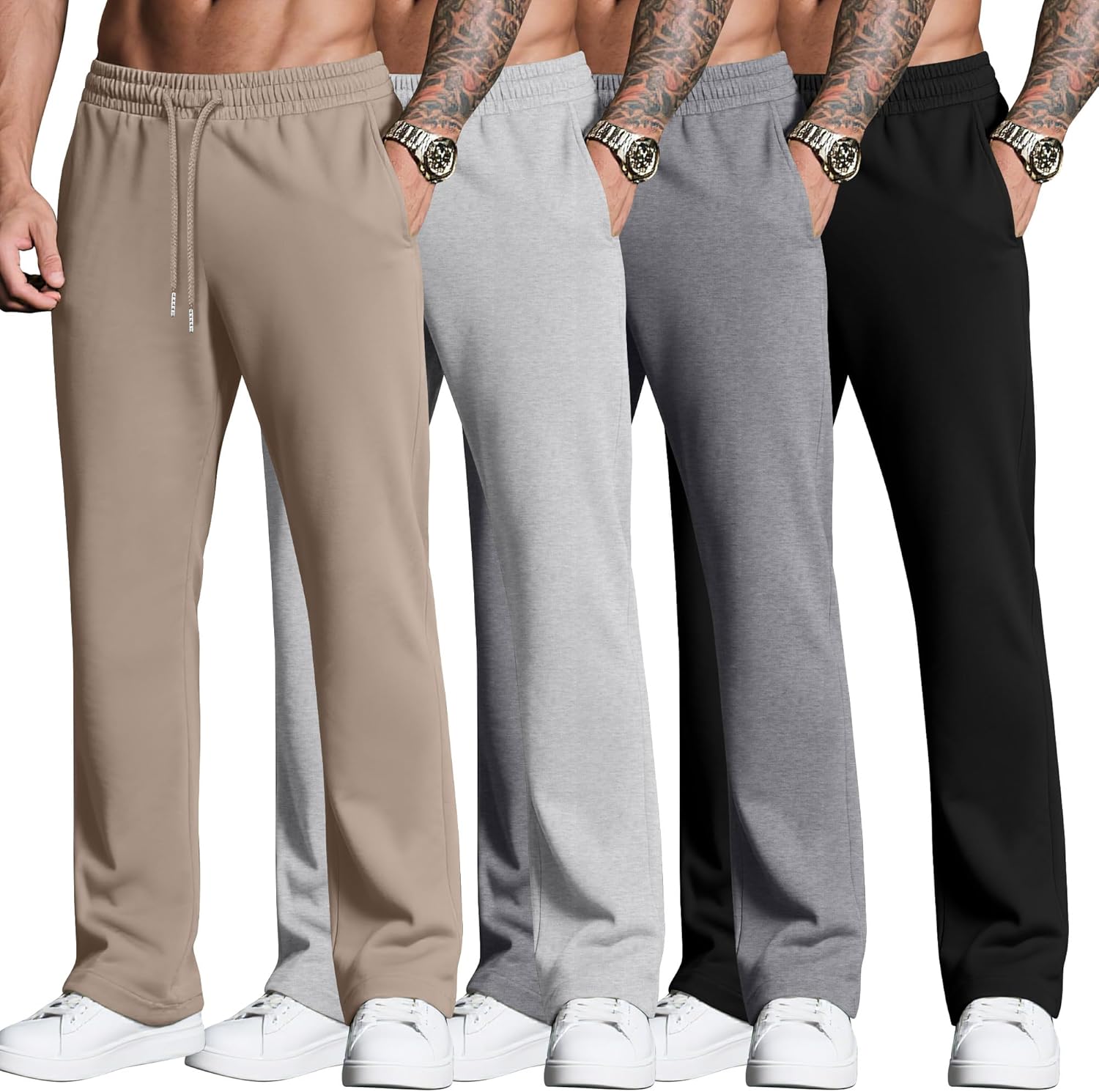 Neer 4 Pack Men’s Sweatpants Joggers with Pockets Open Bottom Gym Athletic Pants Baggy Workout Casual Running Clothing