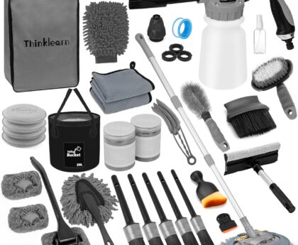 ThinkLearn Car Wash Detailing Kit with Foam Gun, Car Cleaning Kit Set,Car Wash Brush with Long Handle, Large Folding Bucket for Interior Exterior Car Wash Supplies, Car Gift Set Gray