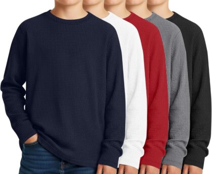 5 Pack Boy’s Long Sleeve Shirts, Waffle Knit Crew Neck Tops T-Shirts Basic Layer Undershirts 5-14 Years Kids