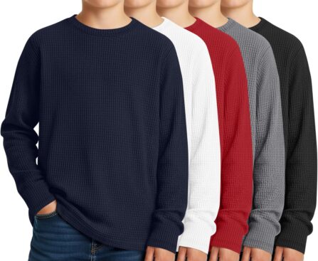 5 Pack Boy’s Long Sleeve Shirts, Waffle Knit Crew Neck Tops T-Shirts Basic Layer Undershirts 5-14 Years Kids