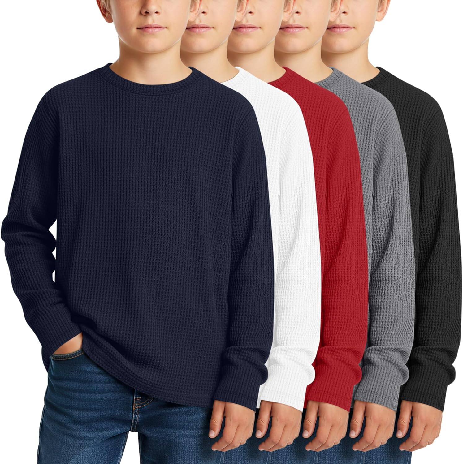 5 Pack Boy’s Long Sleeve Shirts, Waffle Knit Crew Neck Tops T-Shirts Basic Layer Undershirts 5-14 Years Kids