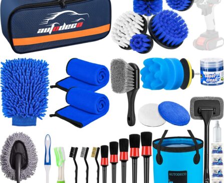 AUTODECO 34Pcs Car Detailing Brush Set, Car Detailing Kit, Auto Detailing Drill Brush Set, Car Detailing Brushes, Car Wash Cleaning Tools Kit for Interior, Exterior, Wheels, Blue