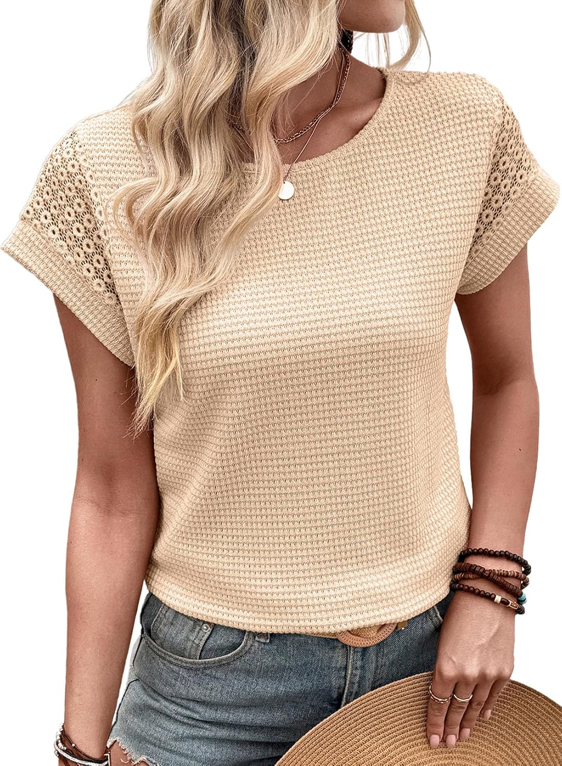Dokotoo Womens Summer Tops 2026 Waffle Knit Lace Hollow Out Short Sleeve T-Shirts Crewneck Casual Loose Basic Tee Blouses