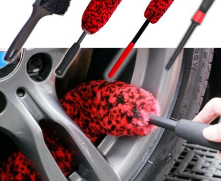 Professional 4 Pack Long Handle Wheel Brush Kit for Cleaning Wheel and Tire- 2X Soft Wheel Cleaning Brush, Detailing Brush and Stiff Tire Brush, Bendable& Durable Wheel Rim Cleaner Brush Set