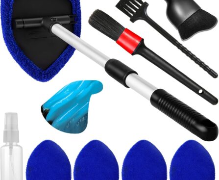 10pcs Windshield Cleaner Tool, Car Window Cleaning Wash Kit with 4 Reusable Microfiber Pads 1 Spray Bottle and Extendable Handle Auto Glass Wiper Kit, Blue