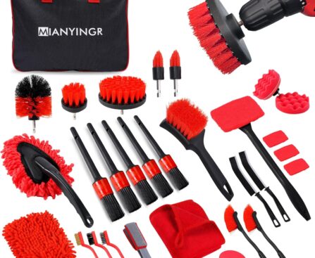 32Pcs Car Detailing Kit, Auto Detailing Brush Set and Drill Brush Attachments with Portable Handbag, Multi-Functional Vehicle Cleaning Tool for Wheels, Windshield