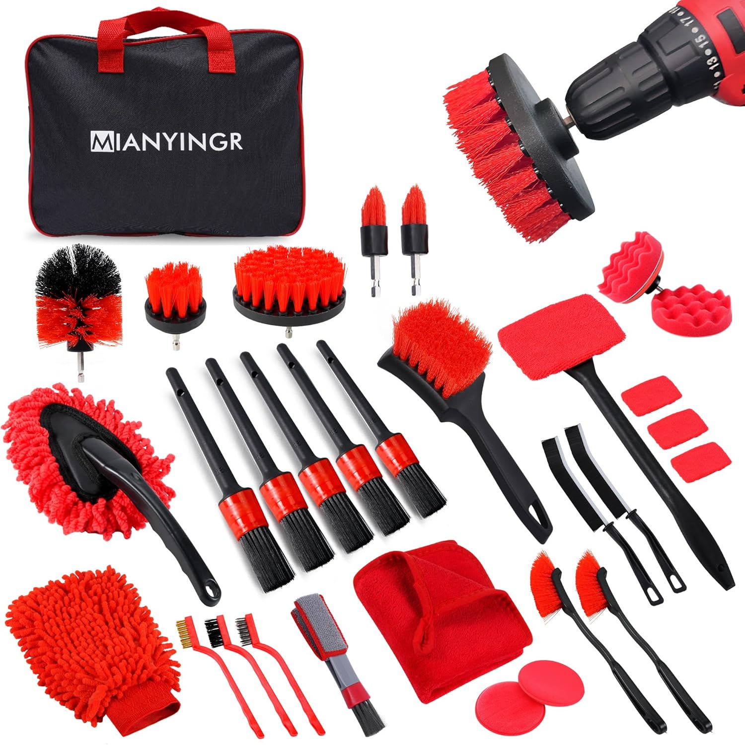 32Pcs Car Detailing Kit, Auto Detailing Brush Set and Drill Brush Attachments with Portable Handbag, Multi-Functional Vehicle Cleaning Tool for Wheels, Windshield