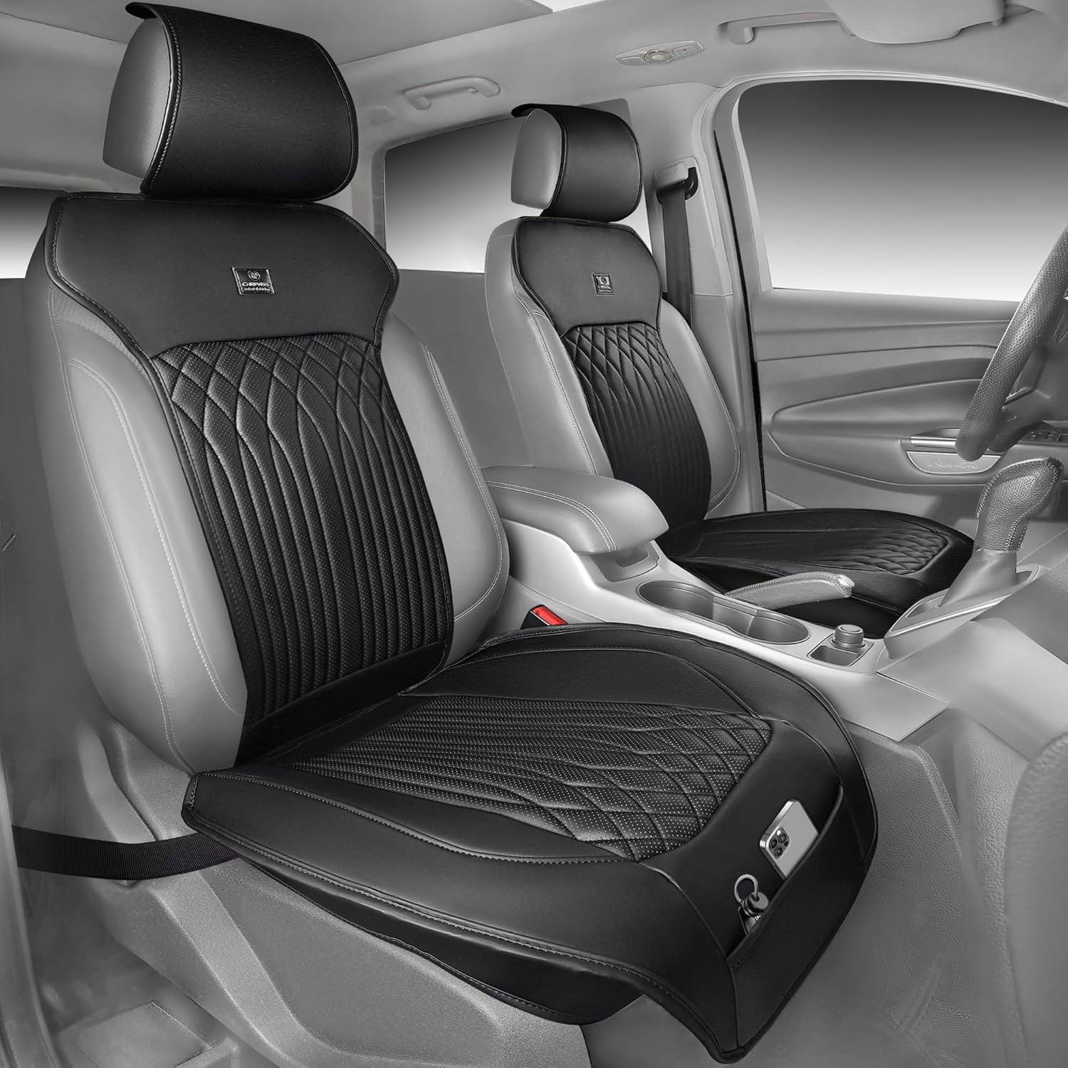 CAR PASS Car Seat Protector, Sideless Seat Covers for Cars, All Season Waterproof Nappa Leather Breathable Front Seats Cushion with Storage Pocket Universal Fit Vehicle Car SUV Truck, 2 Pack All Black