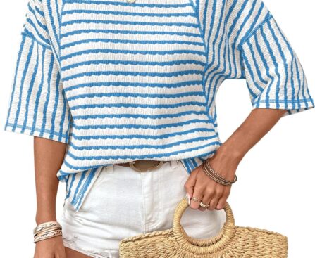 Dokotoo Womens Summer Tops Oversized Tshirts for Women Striped Color Block Short Sleeve T Shirts Crewneck Casual Tee Blouses