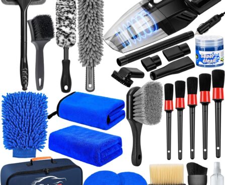 AUTODECO Car Detailing Kit, Car Detailing Brush Set with Vacuum, Bendable Car Wheel Rim Cleaner Brush Set, Car Detailing Brushes, Car Wash Cleaning Tools Kit for Interior, Exterior, Wheels, Blue