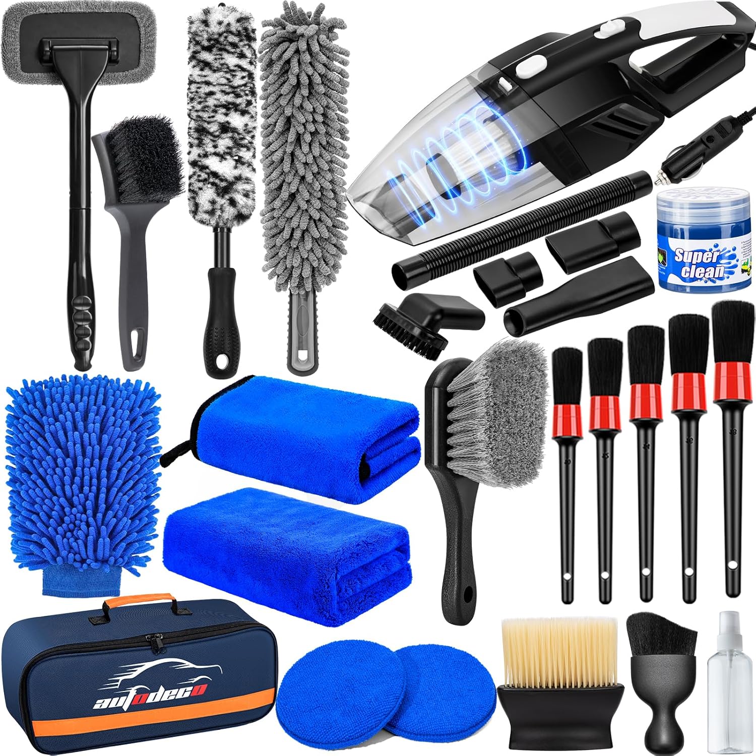 AUTODECO Car Detailing Kit, Car Detailing Brush Set with Vacuum, Bendable Car Wheel Rim Cleaner Brush Set, Car Detailing Brushes, Car Wash Cleaning Tools Kit for Interior, Exterior, Wheels, Blue