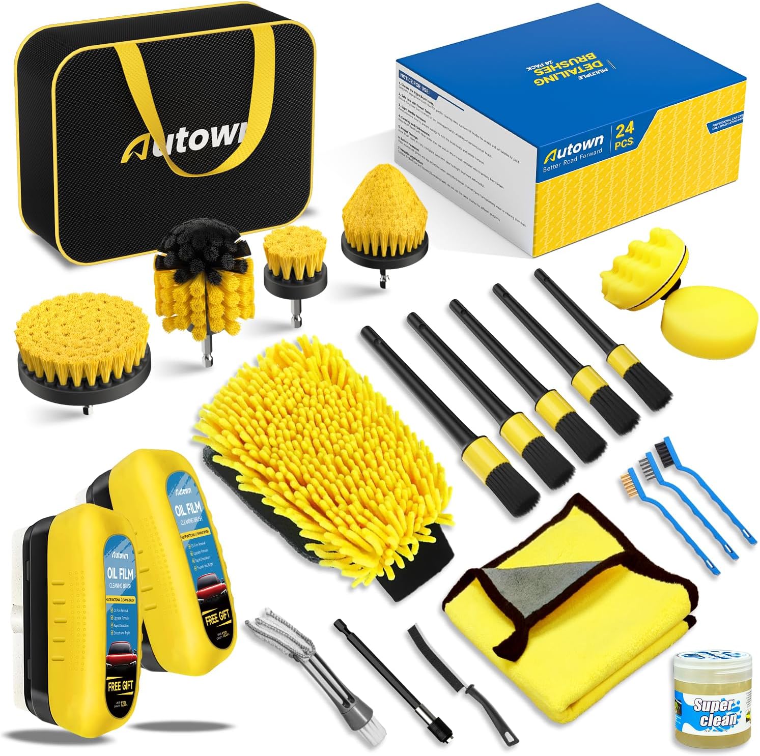 24PCS Car Detailing Kits, Detailing Brush Set with Drill Brush Attachments and Oil Film Cleaning Brushes, Car Cleaning Kits for Interior, Exterior, Wheels, Windows