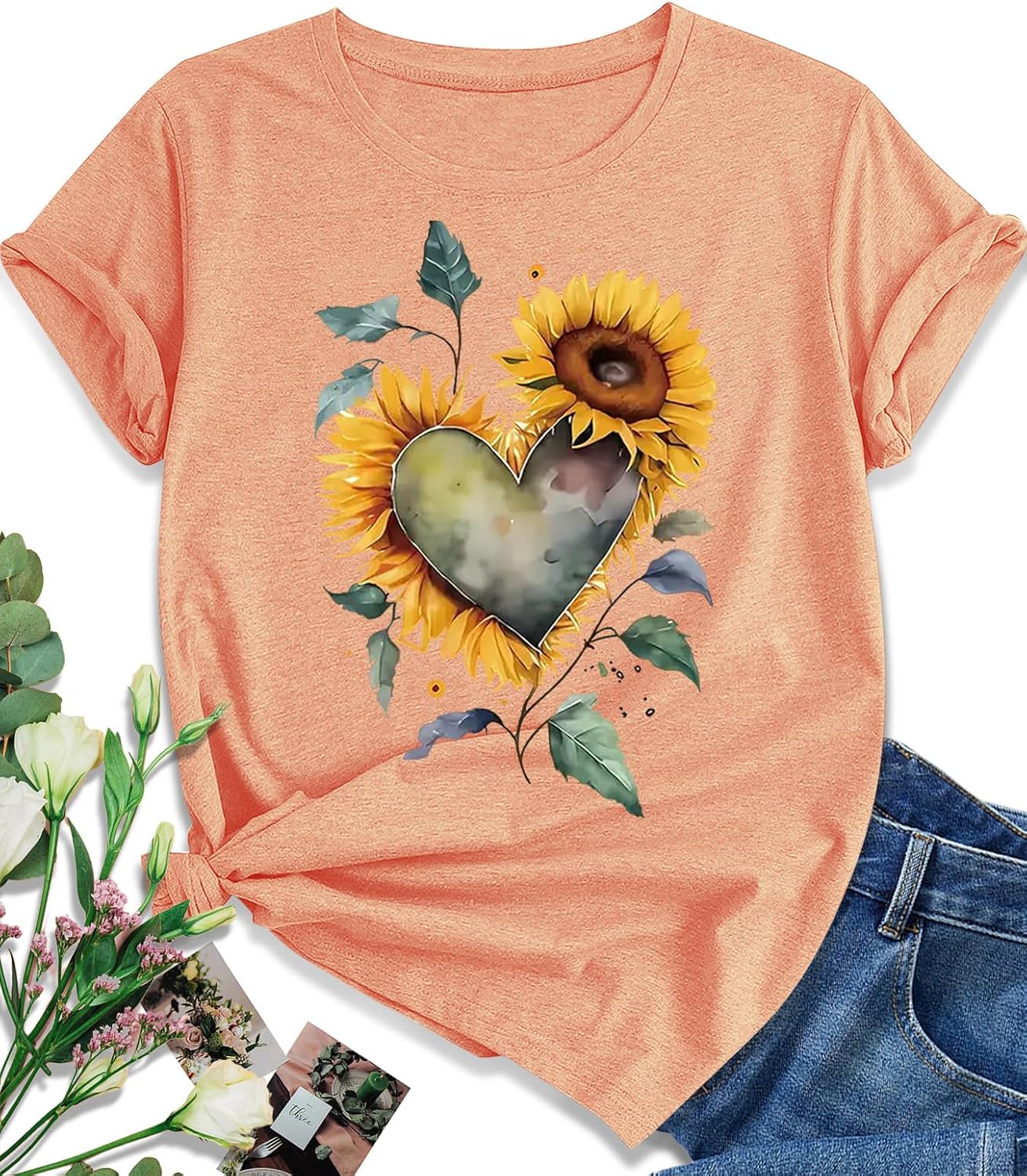 EUOW Women’s Sunflower Graphic Shirts Boho Flowers Tee Tops Cute Summer Vintage Short Sleeve Holiday T Shirt