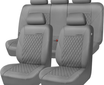 CAR PASS Quilting Faux Leather Seat Covers Full Set, Waterproof Deluxe PU Premium Auto Seat Cover, Breathable Seat Covers Universal Fit for Most Sedan SUV Van Small Truck, Airbag Compatible All Gray