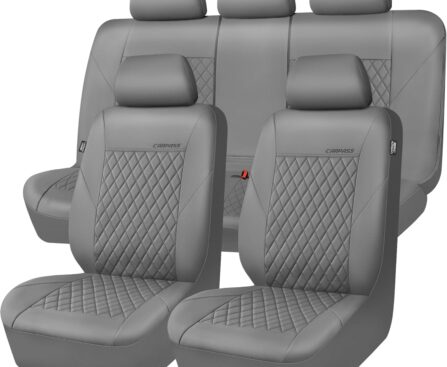 CAR PASS Quilting Faux Leather Seat Covers Full Set, Waterproof Deluxe PU Premium Auto Seat Cover, Breathable Seat Covers Universal Fit for Most Sedan SUV Van Small Truck, Airbag Compatible All Gray