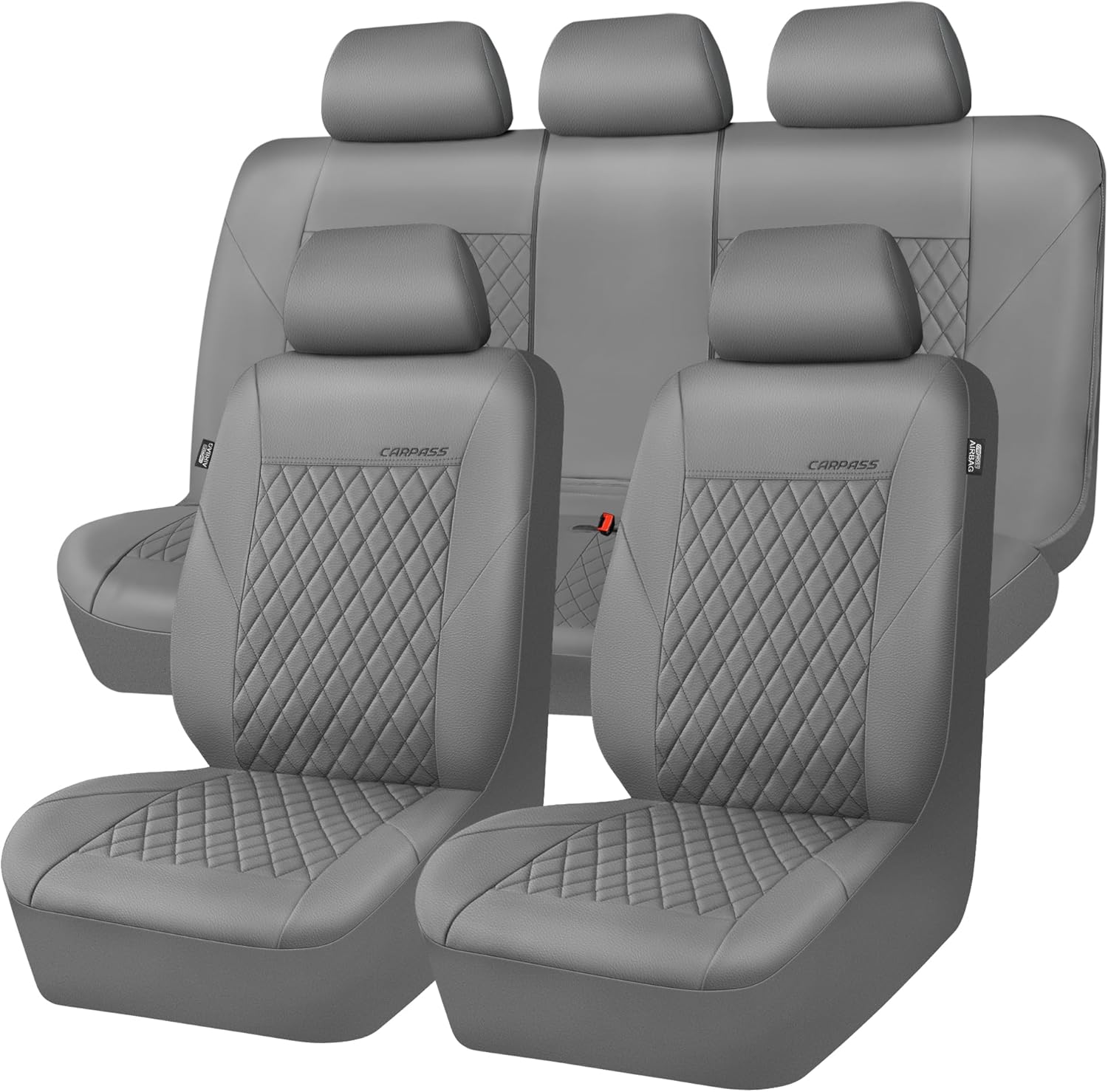 CAR PASS Quilting Faux Leather Seat Covers Full Set, Waterproof Deluxe PU Premium Auto Seat Cover, Breathable Seat Covers Universal Fit for Most Sedan SUV Van Small Truck, Airbag Compatible All Gray