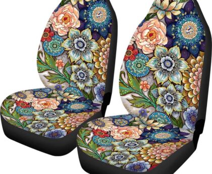 Bright Blossoms Colorful Boho Floral Print Car Seat Covers for Women,Universal Auto Front Seats Protector Fits for Car,SUV Sedan,Truck