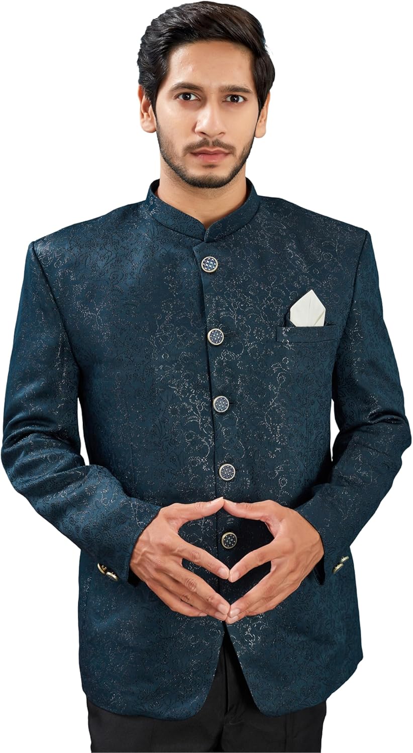 Men’s Indian Ethnic Jacquard Silk Jodhpuri Casual Slim Fit Waist Coat Bandhgala Jacket