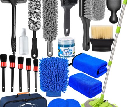 AUTODECO Car Detailing Kit, Car Detailing Brush Set with Wash Mop, Bendable Car Wheel Rim Cleaner Brush Set, Car Detailing Brushes, Car Wash Cleaning Tools Kit for Interior, Exterior, Wheels, Blue