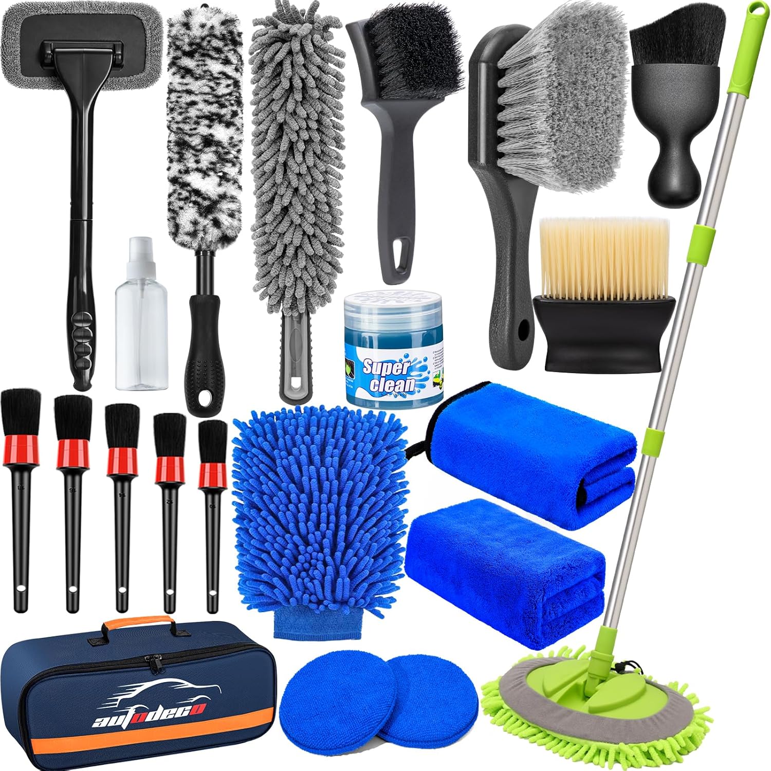 AUTODECO Car Detailing Kit, Car Detailing Brush Set with Wash Mop, Bendable Car Wheel Rim Cleaner Brush Set, Car Detailing Brushes, Car Wash Cleaning Tools Kit for Interior, Exterior, Wheels, Blue