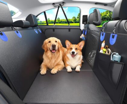 Dog Car Seat Cover for Back Seat, Superior Hard Bottom Back Seat Extender for Dogs, 100% Waterproof & Anti Scratch, Hold 500lbs Dog Hammock for Car SUV Truck, Back Seat Pet Cover for Dogs, Blue
