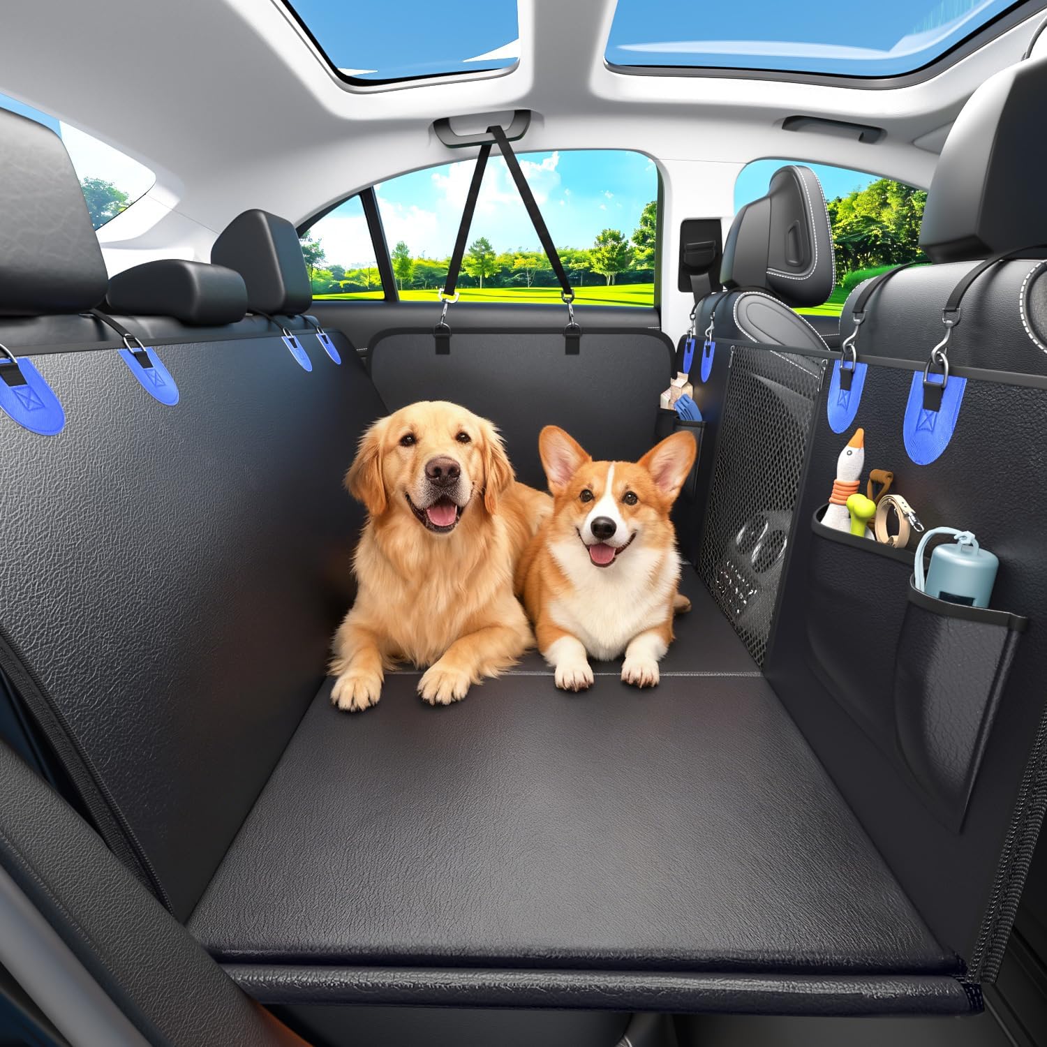 Dog Car Seat Cover for Back Seat, Superior Hard Bottom Back Seat Extender for Dogs, 100% Waterproof & Anti Scratch, Hold 500lbs Dog Hammock for Car SUV Truck, Back Seat Pet Cover for Dogs, Blue