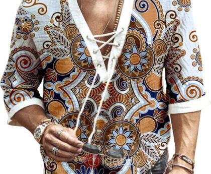Men’s Fashion Shirt Short Sleeve Beach V-Neck Drawstring Printing Yoga African Summer Top