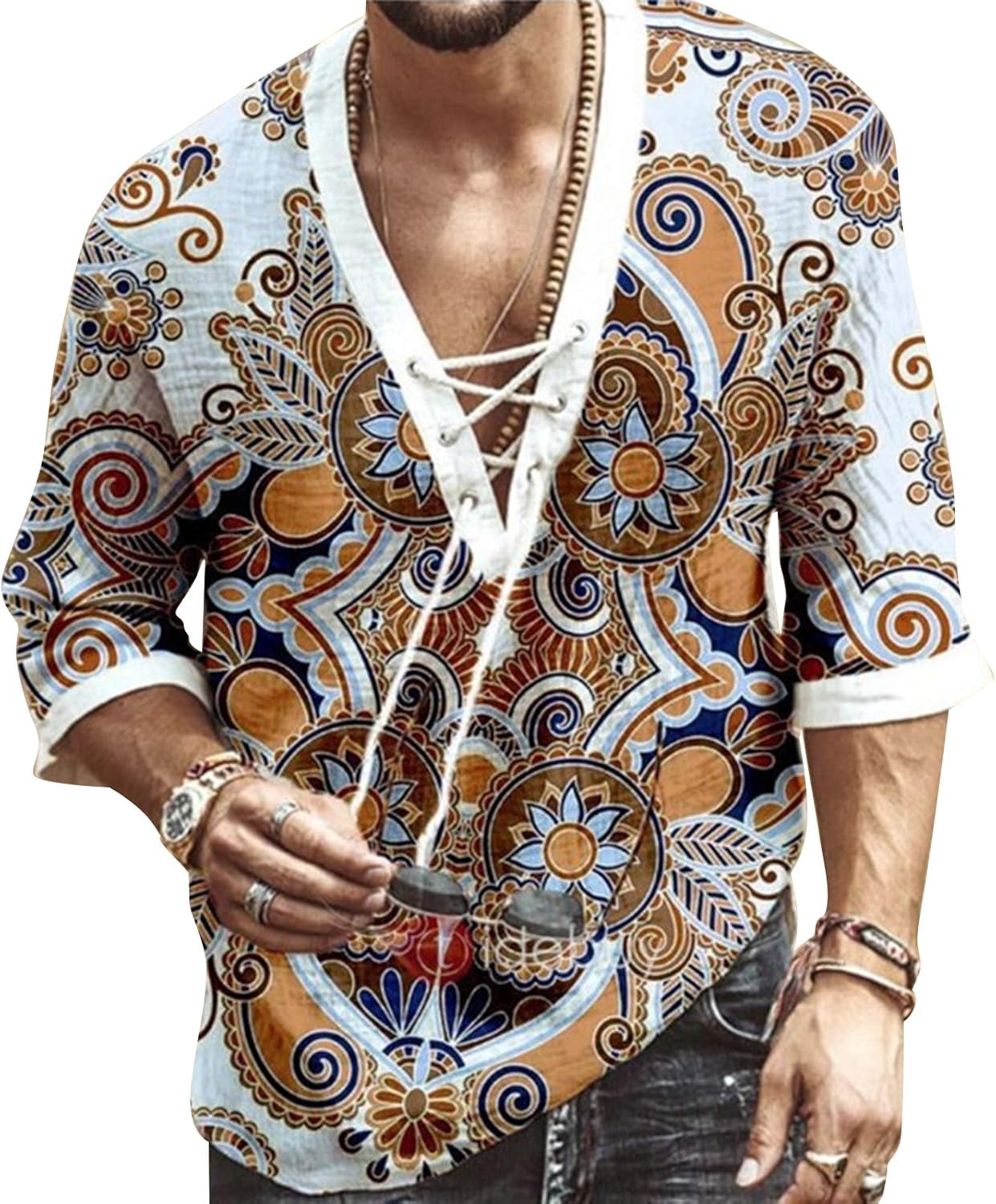 Men’s Fashion Shirt Short Sleeve Beach V-Neck Drawstring Printing Yoga African Summer Top