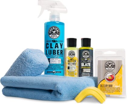 Chemical Guys Clay Bar Kit – Complete System – Clay Bar and Luber Combo with Accessories for Smooth Paint Finish – Removes Embedded Dirt, Overspray, and Fallout – 6 Item Kit