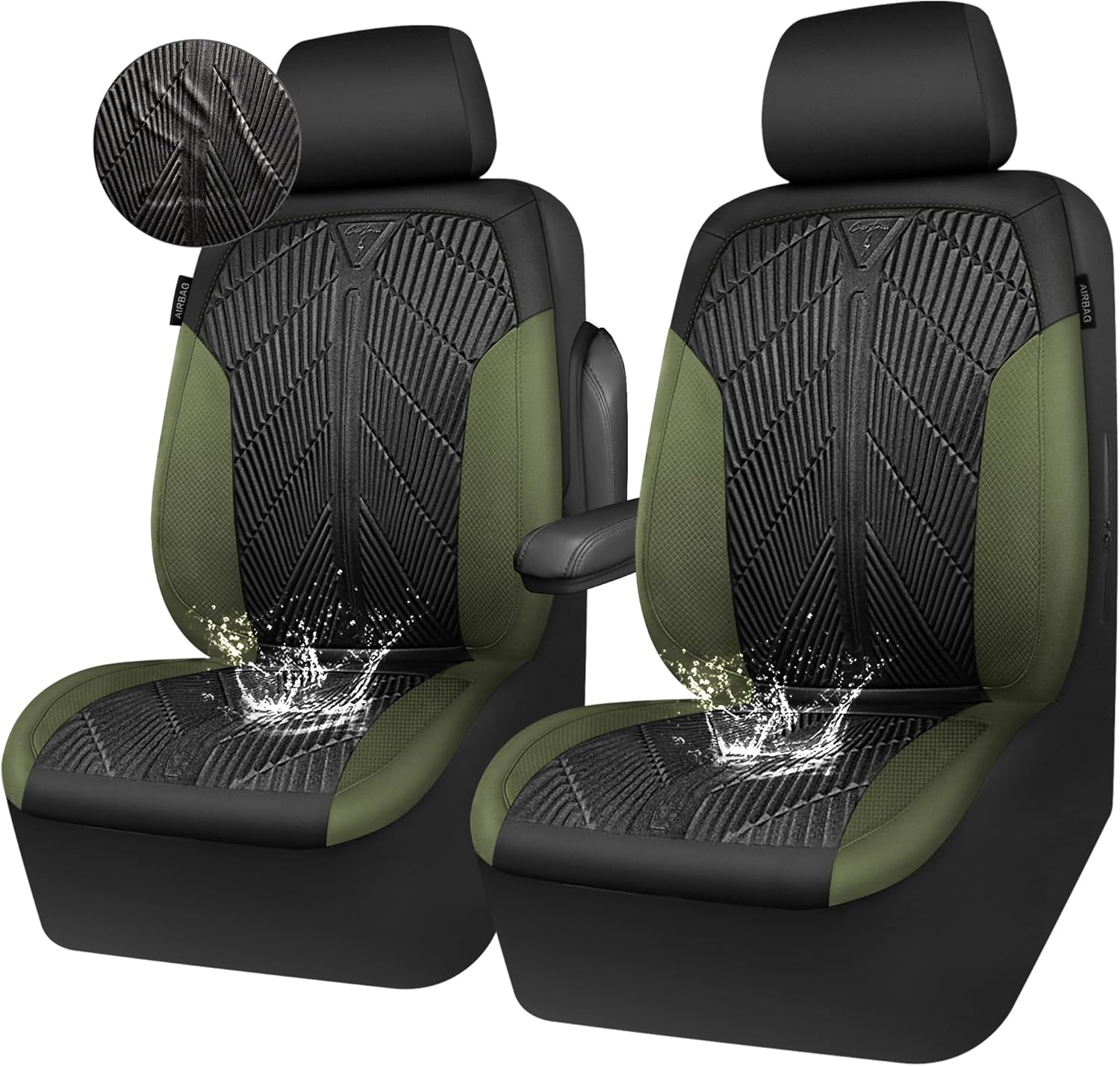 CAR PASS Waterproof Car Seat Covers Front Seats Covers Neoprene Wetsuit, All-Weather Non-Slip Durable,Universal Fit for SUV Sedans Trucks Vans Automotive,Armrest Airbag Compatible,Emboss 2 Black Green
