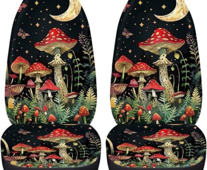 BIGCARJOB Mushroom Print Car Seat Cover Set for Front Seat Only,Moon Star Mushroom Print Auto Front Seat Protector Full Set Car Interior Accessories,Universal Fit