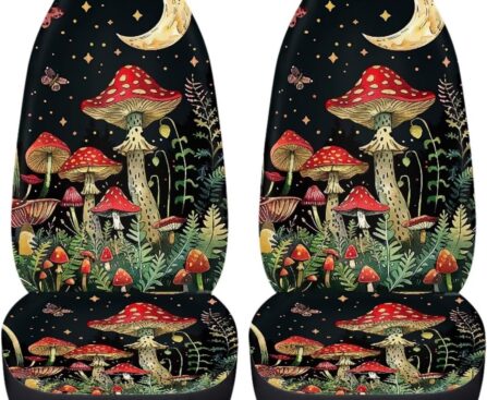 BIGCARJOB Mushroom Print Car Seat Cover Set for Front Seat Only,Moon Star Mushroom Print Auto Front Seat Protector Full Set Car Interior Accessories,Universal Fit