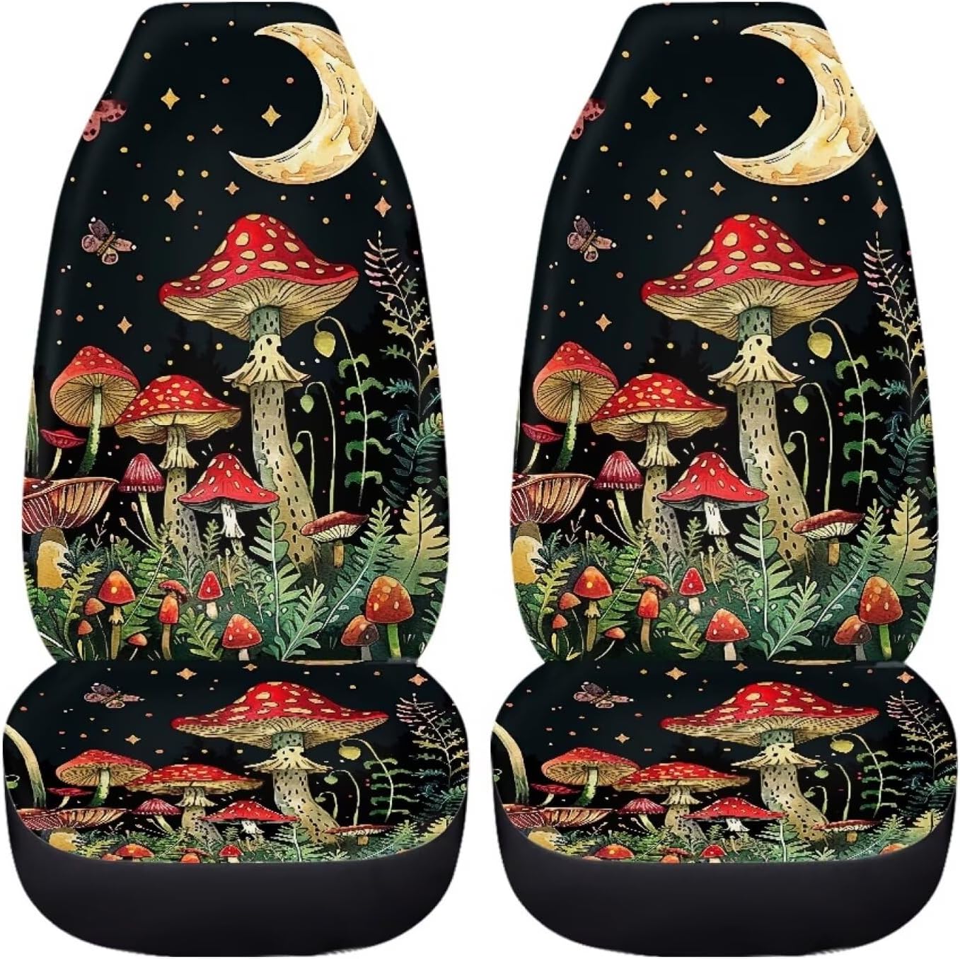 BIGCARJOB Mushroom Print Car Seat Cover Set for Front Seat Only,Moon Star Mushroom Print Auto Front Seat Protector Full Set Car Interior Accessories,Universal Fit